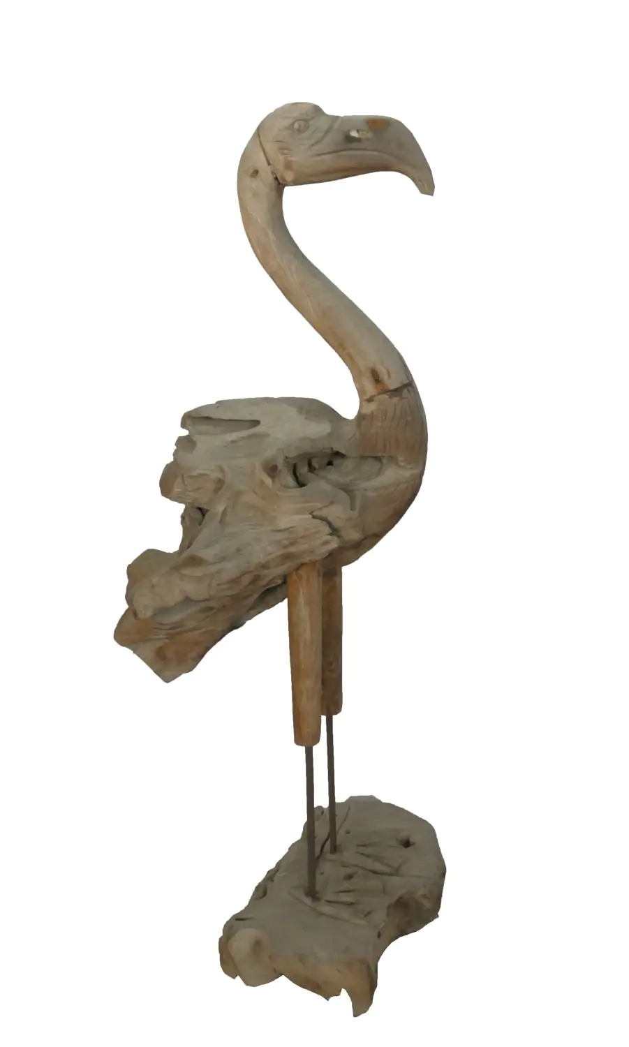  Product image 1 of the product “Flamingo, made from teak root pieces, about 1,11 mtr high-. 2 Parts, metall feet. ”